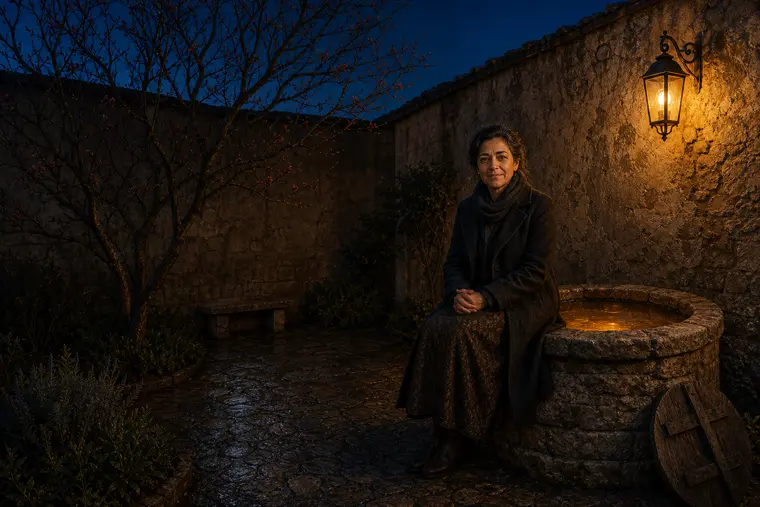 Beatriz sitting on the well rim in the apothecary courtyard, a lamp and a pomegranate tree in the blue of evening.