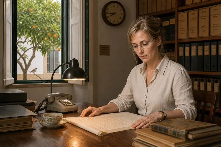 Henrike reading at the town archive desk, tea steaming, the wall clock ticking.