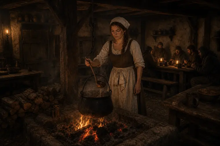 Marguerite stirring the stew at the hearth, warm firelight in the taproom.